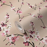 AS Creation Oriental Floral Blossom Tree Branches Wallpaper Vinyl Beige Pink White 38520-3