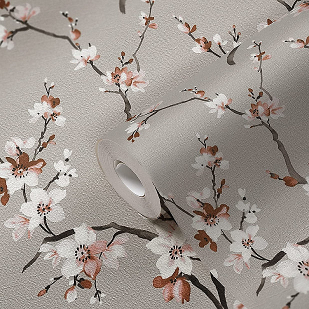 AS Creation Oriental Floral Blossom Tree Branches Wallpaper Vinyl Grey  Brown White 38520-4 | DIY at B&Q
