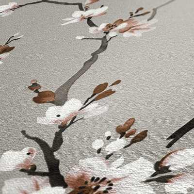 AS Creation Oriental Floral Blossom Tree Branches Wallpaper Vinyl Grey Brown White 38520-4