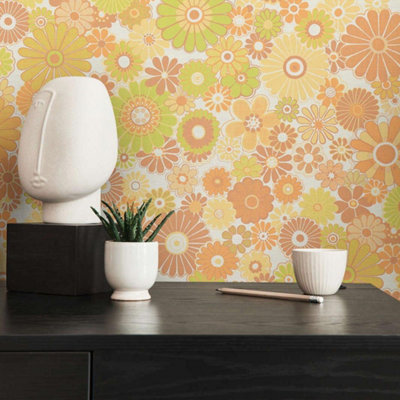 AS Creation Retro Floral Pattern Wallpaper Lime Green Orange Paste The Wall