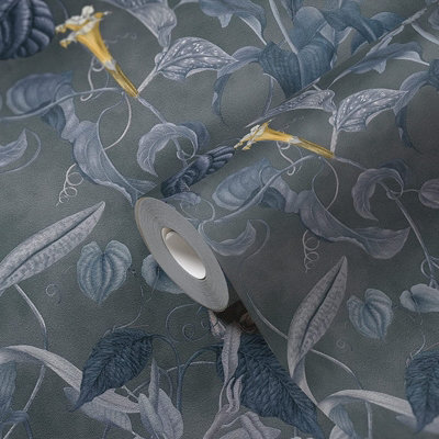 AS Creation Tropical Jungle Floral Textured Wallpaper Grey Blue Yellow 37988-3