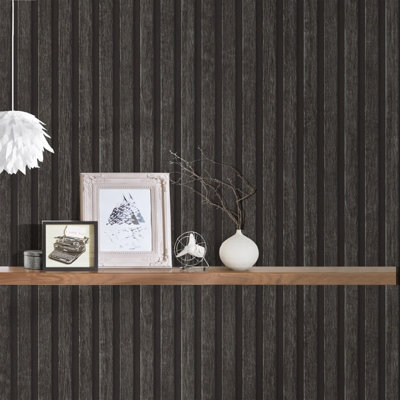 AS Creation Wooden Slats Panelling 3D Wood Panel Stripe Non Woven Wallpaper Charcoal Black 39109-4