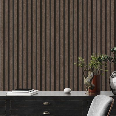 Wooden Slats AS Creation Wallpaper Grey/Black 39109-2 Vinyl 3D Effect  Panelling