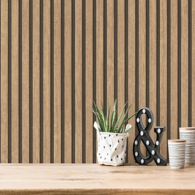 AS Creation Wooden Slats Panelling 3D Wood Panel Stripe Non Woven Wallpaper Natural Black 39109-1