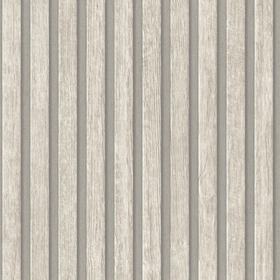AS Creation Wooden Slats Panelling 3D Wood Panel Stripe Non Woven Wallpaper Off White Silver Grey 39109-5