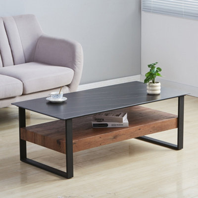 Ascent Rectangular Stone Coffee Table with Shelf - Black