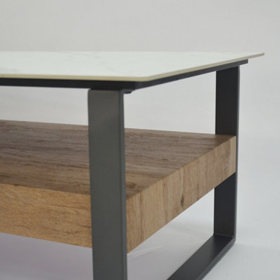 Ascent Rectangular Stone Coffee Table with Shelf - Light Grey