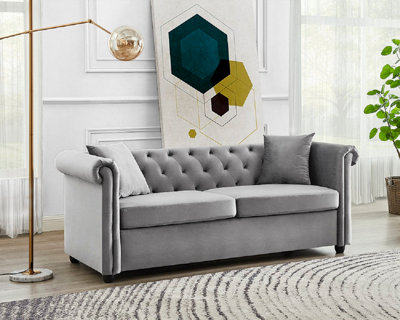 Grey Velvet Sofa Chesterfield Sofa With Cushions Ascot 3-Seater