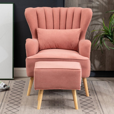 Ash Pink Velvet High-Back Accent Chair with Footstool and Lumbar Pillow