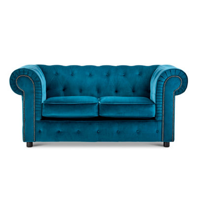 Ashbourne Chesterfield Large Indigo Blue Velvet Fabric 2 Seater Sofa Studded Design