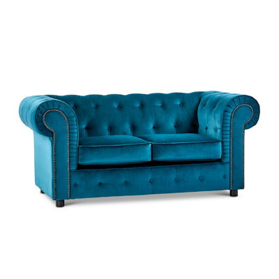 Ashbourne Chesterfield Large Indigo Blue Velvet Fabric 2 Seater Sofa Studded Design