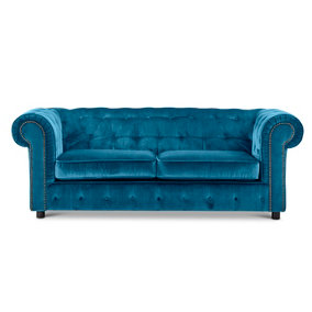Ashbourne Chesterfield Large Indigo Blue Velvet Fabric 3 Seater Sofa Studded Design