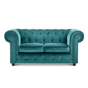 Ashbourne Chesterfield Large Teal Velvet Fabric 2 Seater Sofa Studded Design