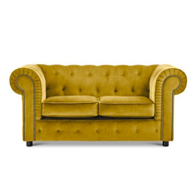 Ashbourne Chesterfield Large Tumeric Velvet Fabric 2 Seater Sofa Studded Design