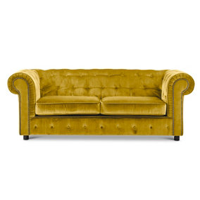 Ashbourne Chesterfield Large Tumeric Velvet Fabric 3 Seater Sofa Studded Design
