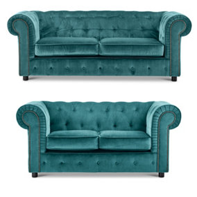 Ashbourne Chesterfield Teal Velvet Fabric Sofa Suite 3 Seater and 2 Seater Studded Design