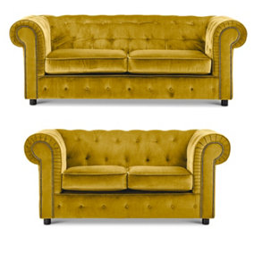 Ashbourne Chesterfield Tumeric Velvet Fabric Sofa Suite 3 Seater and 2 Seater Studded Design