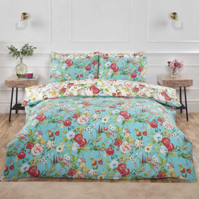 Ashbourne Floral Duvet Cover Set Reversible Bedding Duck Egg