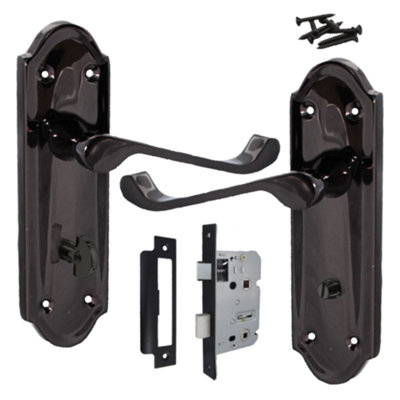 Ashford Door Handle Bathroom Lock Scroll Lever - Black Nickel Bath Pack
