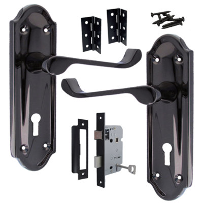 ASHFORD DOOR HANDLE KEY LOCK SCROLL LEVER - BLACK NICKEL KEY LOCK HINGE ...