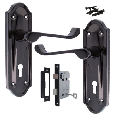 Ashford Door Handle Key Lock Scroll Lever - Black Nickel Key Lock Pack