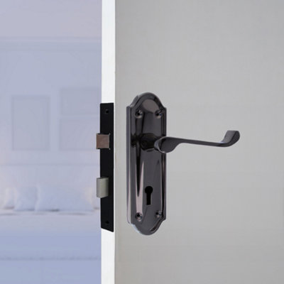 Ashford Door Handle Key Lock Scroll Lever - Black Nickel