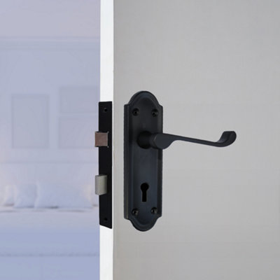 Ashford Door Handle Key Lock Scroll Lever - Matt Black Key Lock Hinge Pack