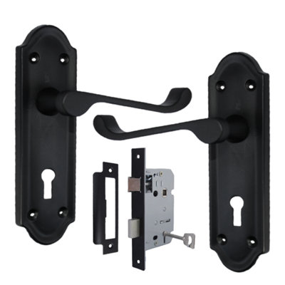 Ashford Door Handle Key Lock Scroll Lever - Matt Black Key Lock Pack