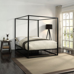 Ashwell Modern Four 4 Poster Black Double Metal Bed Frame