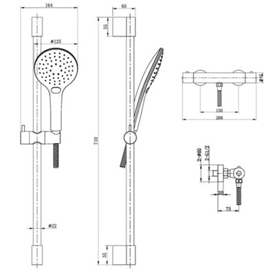 Asmara Round Exposed Thermostatic Bar Valve & Slide Rail Shower Kit - Brushed Gold - 4