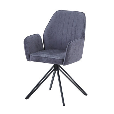 Aspen Pair Of Swivel Upholstered Dining Armchairs in Grey Fabric With Black Metal legs