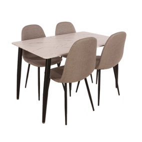 Aspen rectangular dining table set, 120cm x 80cm with white marble effect foiled top and four grey upholstered chairs