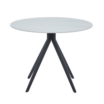 Aspen Round Dining Table With Gloss White Sintered Stone Table Top And Black Pedestal Leg