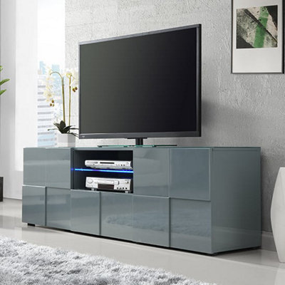 Aspen TV Sideboard With Storage for Living Room and Bedroom, 1810 Wide, LED Lighting, Media Storage, Grey High Gloss Finish