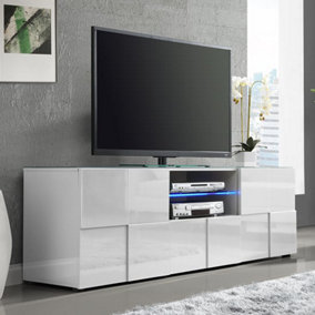 Aspen TV Stand With Storage for Living Room and Bedroom, 1810 Wide, LED Lighting, Media Storage, White High Gloss Finish   0