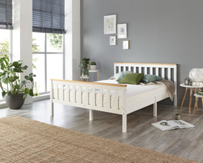 Aspire Atlantic Wood Bed Frame in White with Natural Tops, size Double