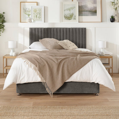 Aspire Grant Divan and Hybrid Memory Pocket Mattress, Linen Fabric, Strutted Headboard, 2 Drawers, Slate, King