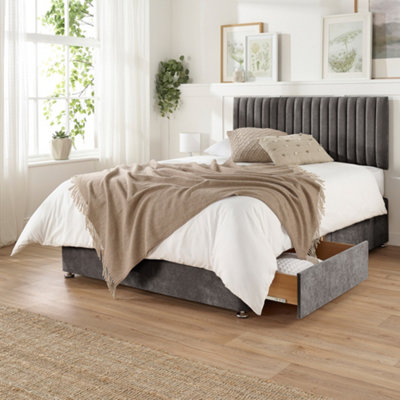 Aspire Grant Divan and Hybrid Memory Pocket Mattress, Linen Fabric, Strutted Headboard, 2 Drawers, Slate, Small Single