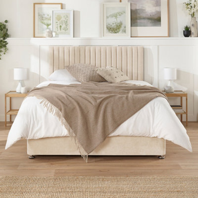 Aspire Grant Divan and Hybrid Memory Pocket Mattress, Linen Fabric, Strutted Headboard, No Drawers, Cream, Small Single