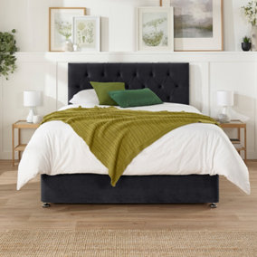 Aspire Olivier Divan and Hybrid Memory Pocket Mattress, Plush Fabric, Strutted Headboard, 2 Drawers, Onyx, Small Double
