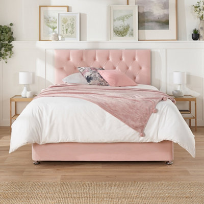 Aspire Olivier Divan and Hybrid Memory Pocket Mattress, Plush Fabric, Strutted Headboard, No Drawers, Rose, Double