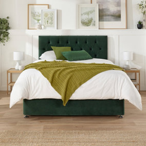 Aspire Olivier Divan, Plush Fabric, Strutted Headboard, 2 Drawers, Pine Green, Small Double