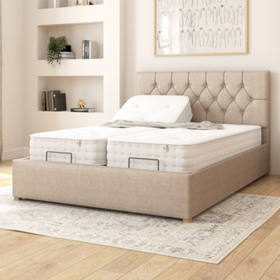 Aspire Olivier Electric Adjustable Bed Upholstered with Pocket Sprung Mattress UK Made, Eire Linen Natural, Size King