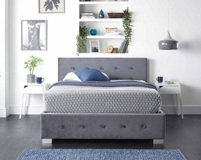 Aspire Side Opening Ottoman Storage Bed in Grey Plush Velvet, Small Double