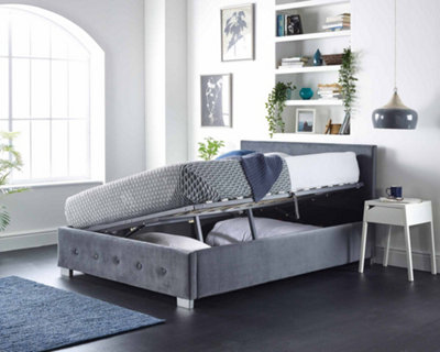 Aspire Side Opening Ottoman Storage Bed in Grey Plush Velvet, Small Double