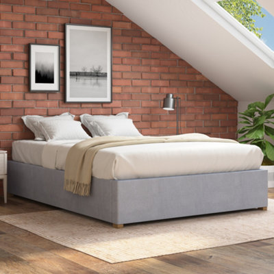 Aspire Upholstered Platform Ottoman Bed Frame UK Made, Kimiyo Linen Silver, Size Double