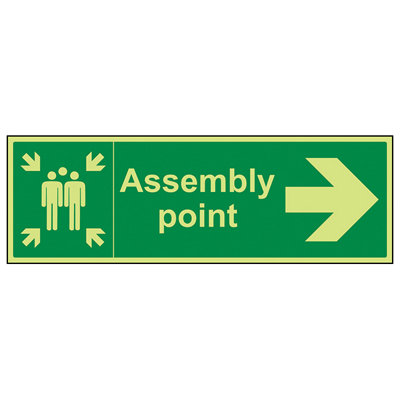 Assembly Point Arrow RIGHT Fire Sign - Glow in the Dark 600x200mm (x3)