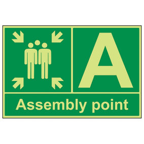 Assembly Point With Letter Fire Sign - Glow in Dark - 600x400mm (x3)