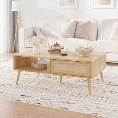Astbury 2 Rattan Drawer Front Coffee Table Solid Wooden Legs