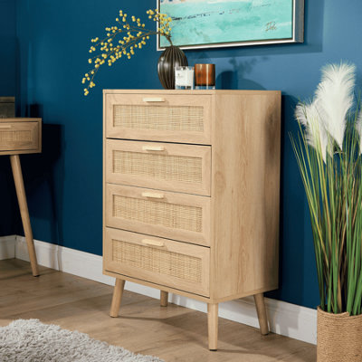 Astbury Chest of 4 Drawers Rattan Fronts Solid Wooden Legs